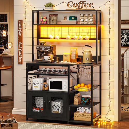 Kitchen Bakers Rack with Storage Shelves, Microwave Stand with Power Outlet and LED Light, Coffee Bar Cabinet Wire Basket Metal Grid Wine Rack Goblet Holder Hooks (Rustic Brown)
