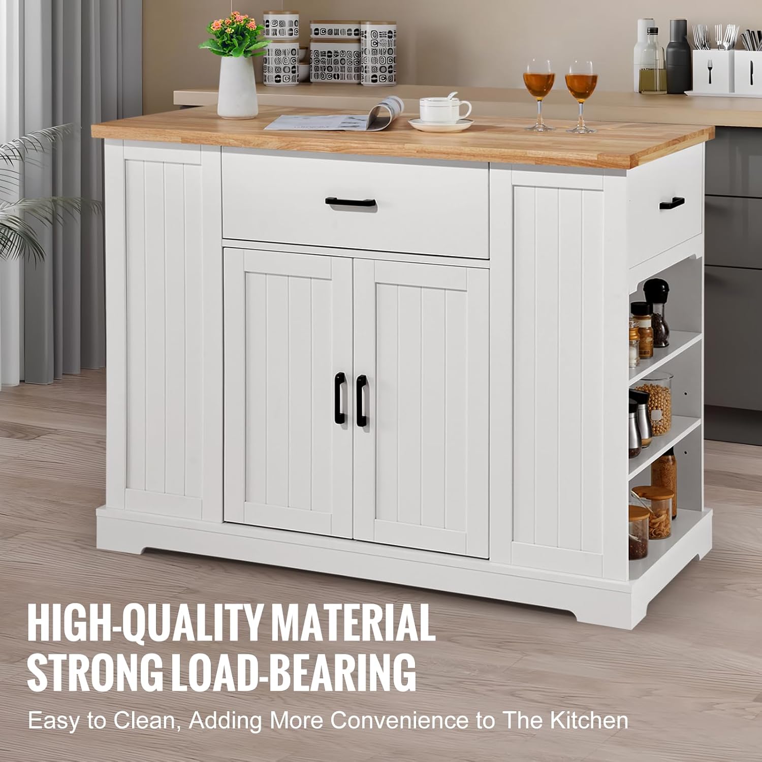 VEVOR Kitchen Island Cart, 46" Wood Top Breakfast Bar with Storage Cabinet, Farmhouse Kitchen Table with Adjustable Shelf, Drawer, for Dining Kitchen Living Room, White
