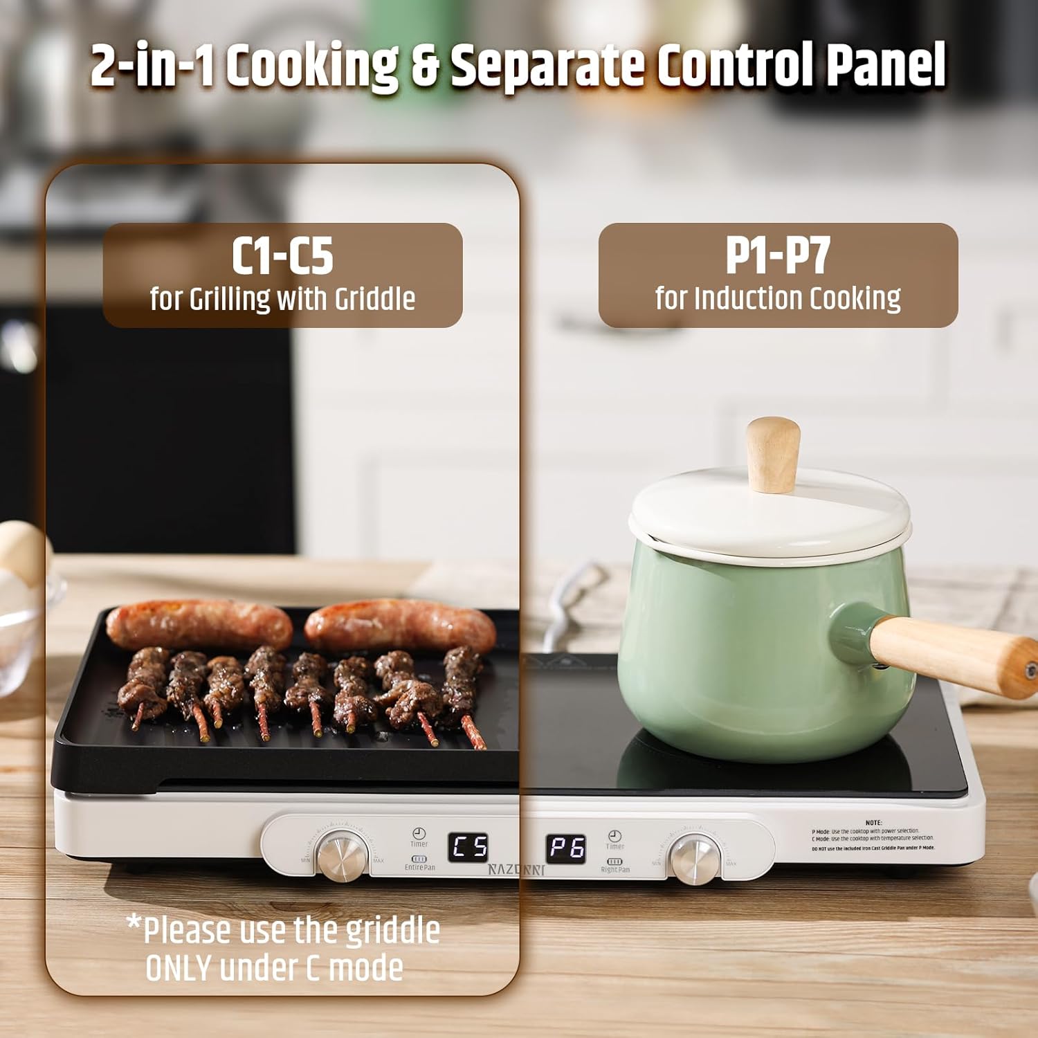 Razorri 1800W Countertop Induction Cooktop, 2 Burners Grill with 10'' Removable Non-stick Cast Iron Griddle Pan, 5 Temp Modes & 7 Power Options with Timer, Ideal for Outdoor Garden BBQ Party