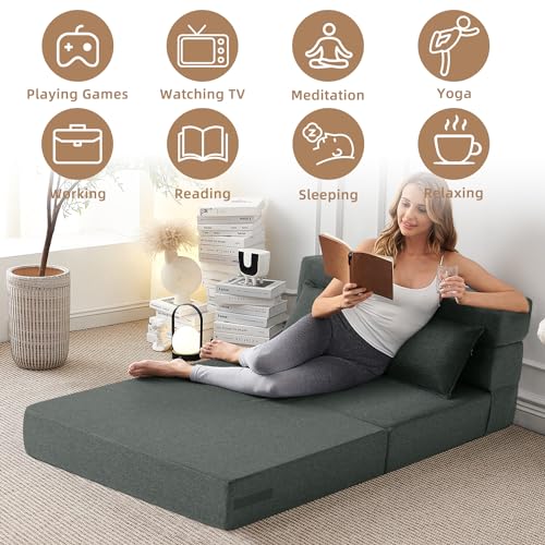 Convertible Folding Sofa Bed-Sleeper Chair with Pillow, Modern Linen Fabric Floor & Futon Couch, Foldable Mattress for Living Room/Dorm/Guest Use/Home Office/Apartment, Full Size,Dark Green