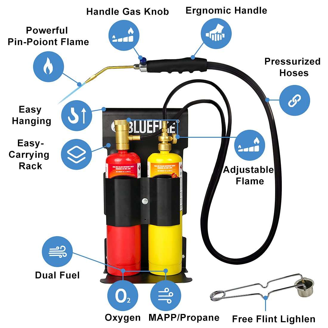 BLUEFIRE Oxypropane High Heat Welding Torch kit Free Accessory of Flint Lighter and Cylinder Holder Rack Duel Fuel by Oxygen and MAPP MAP PRO and Propane Brazing Soldering Gas Cylinders Not Included