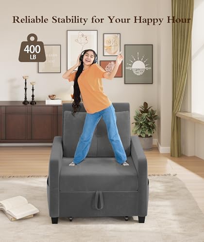 Sleeper Sofa Chair, 3 in 1 Convertible Sleeper Chair with Adjustable Backrest, 32" Pull Out Couch Bed 400lbs Support, Comfy Velvet Small Sofa Bed for Small Space with Pillow & 2 Pockets, Blue