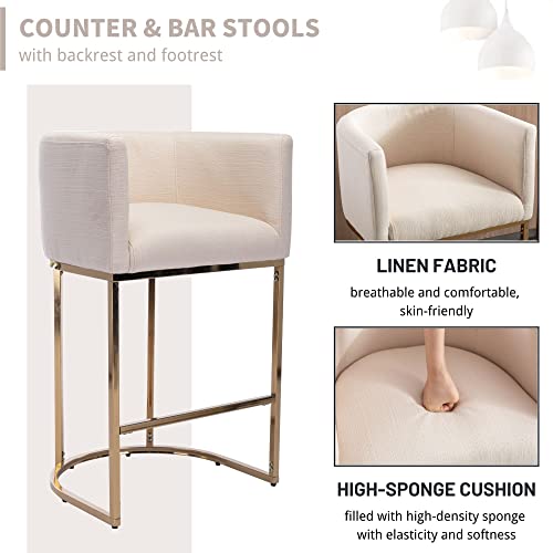 Contemporary Cream Linen Bar Stools Set of 3, 29" Upholstered Fabric Counter Height Barstools Kitchen Counter Island Stools with Screwed Together Golden Metal Base