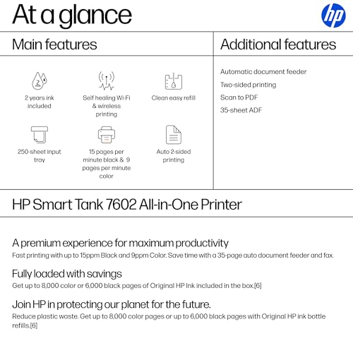 HP Smart Tank 7602 Wireless All-in-One Ink Tank Printer with 2 years of ink included,Print, scan, copy, fax, Best-for-home, Refillable ink tank (28B98A)