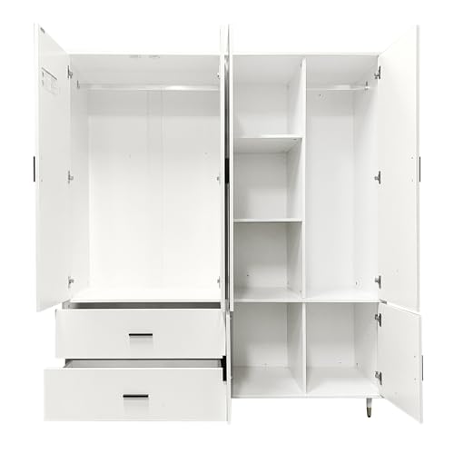 Armoire Wardrobe Closet: Wood Bedroom Armoire Dresser Clothes Storage Cabinet with 4 Doors 2 Hanging Rods 2 Drawers Mirror Organization 63" W x 20.4" D x 70.8 "H White