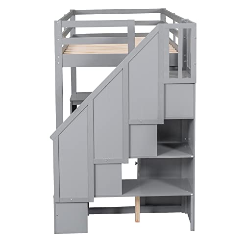 Modern Wooden Full Size Loft Bed with Desk and Shelves,Two Built-in Drawers and Storage Staircase,for Kids Boys Girls Teens Adults Bedroom (Gray@Desk, Full)