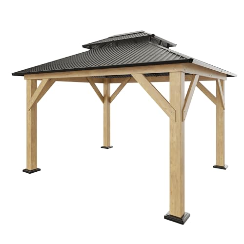 AMERLIFE 10x12 Wood Gazebo, Hardtop Gazebo with Aluminum Double Roof, Outdoor Gazebo with Wood Frame for Parties, Backyard, Lawns, Patio, Black + Natural Wood