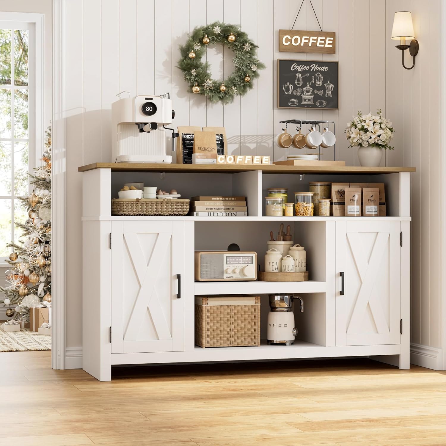 HOSTACK 55'' Modern Farmhouse Sideboard Buffet Cabinet with Storage, Large Barn Door Coffee Bar Station, Wood Kitchen Storage Cabinet with Shelves, Accent Cabinet Console Table for Living Room, White