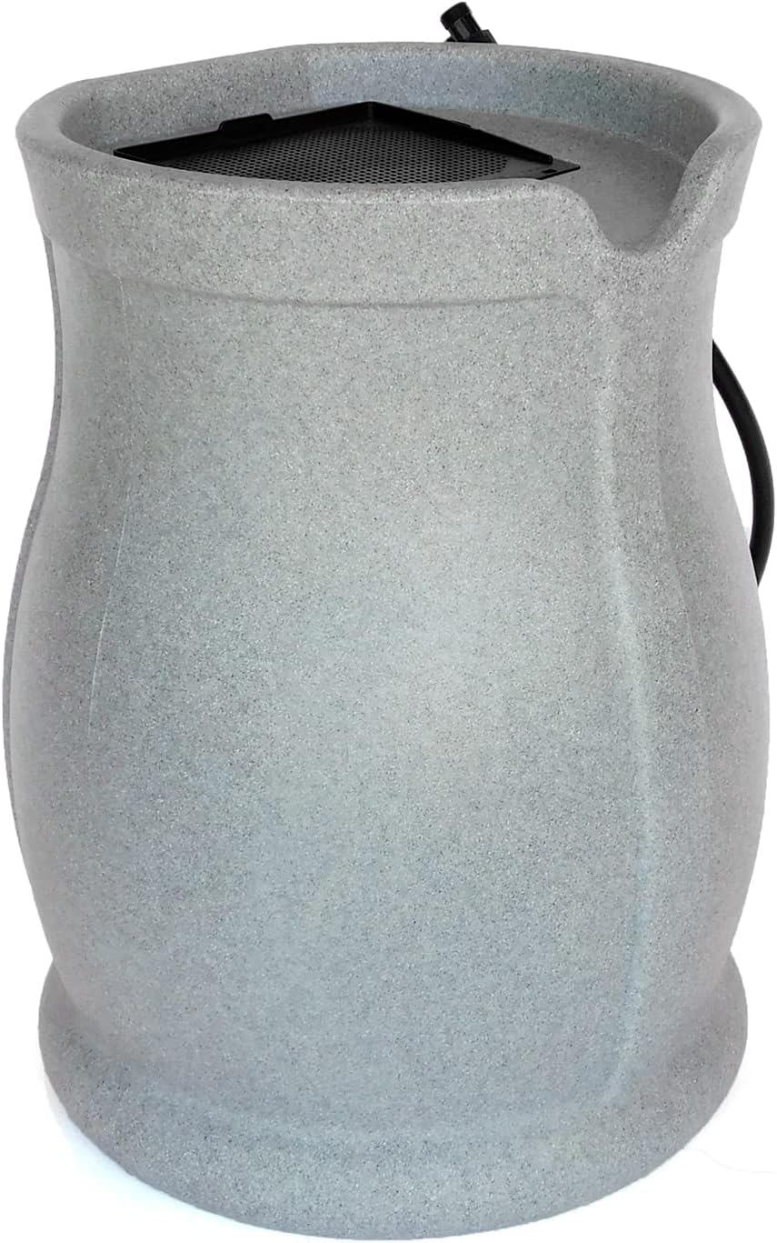 FCMP Outdoor Catalina 45 Gallon Rain Water Barrel Catcher System with Flat Back for Watering Outdoor Plants, Gardens, and Landscapes, Light Granite