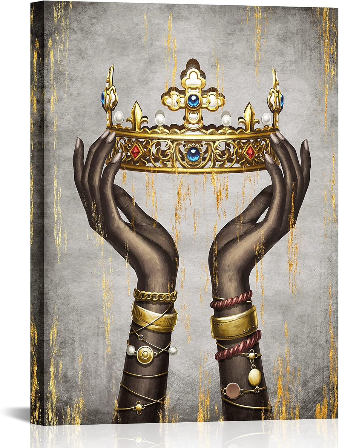 Welmeco African American Woman Hands Hold Up Queen Crown Picture Canvas Wall Art Black Girl Hands Fashion Charm Painting Prints Artwork for Living Room Bedroom Decoration Contemporary Art