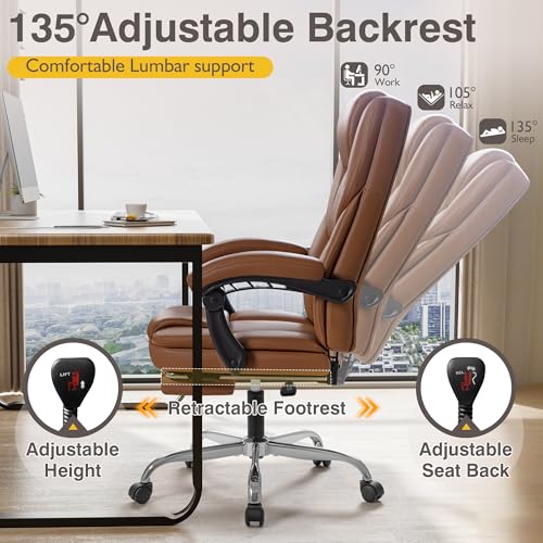 Executive Office Chair, Ergonomic High Back with Footrest, Reclining Leather Seats with Lumbar Support, Comfy with Double Thick Cushion, Big and Tall 500 Lbs Heavy Duty, Brown