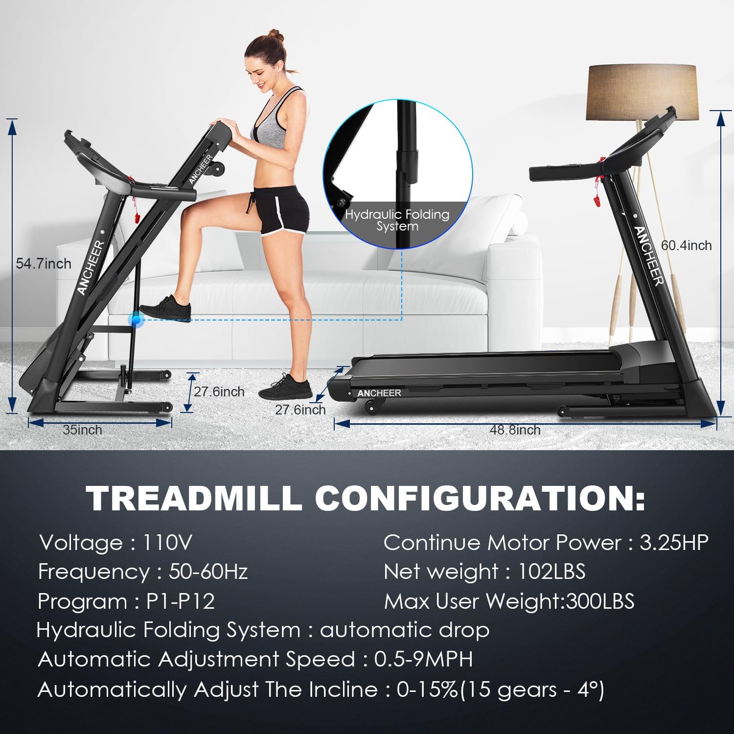 ANCHEER 3.25HP Treadmill with Auto Incline 15%,300lb Capacity APP Folding Treadmills for Home,Electric Smart Control Running Machines with Bluetooth Speaker,LCD Dispaly