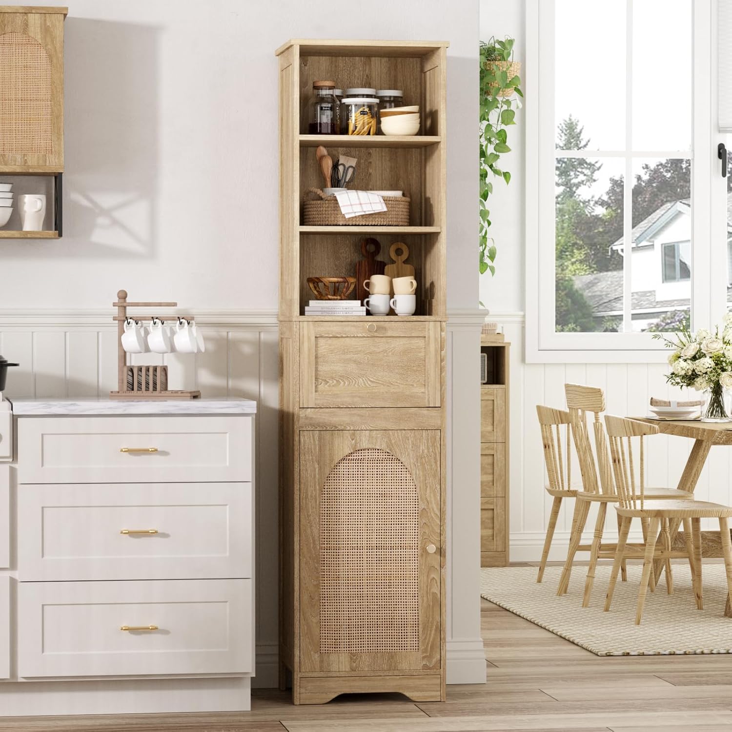 67''H Linen Bathroom Storage Cabinet with Rattan Doors & Drawer, Tall Narrow Standing Tower Cabinet with Adjustable Shelves, Small Bathroom Floor Cabinet for Entryway, Kitchen, Natural