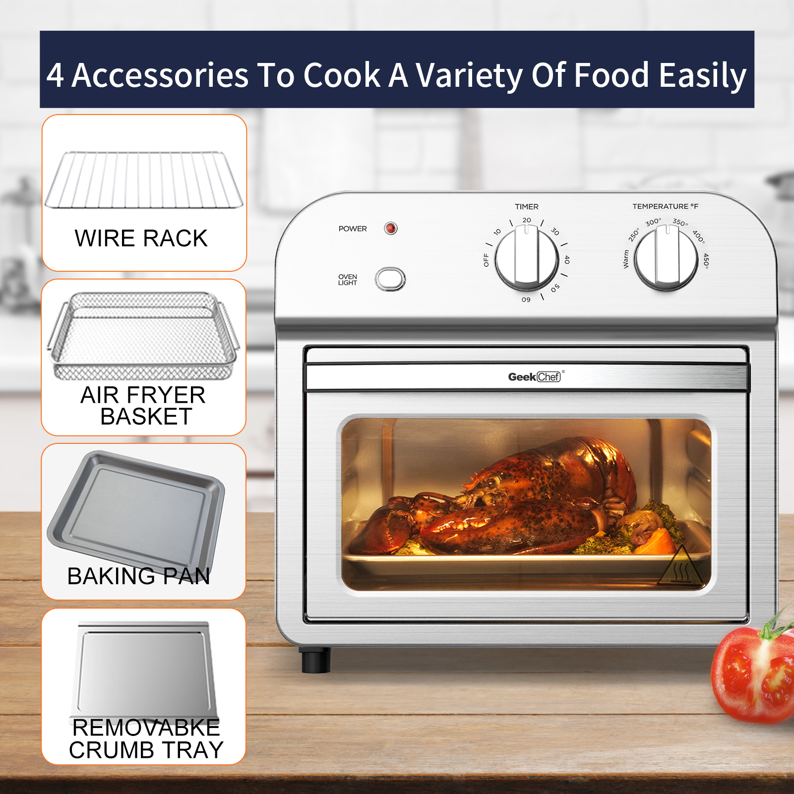 11Qt/1500W Air Fryer Oven, 10 Liter Air Fryer Toaster Oven Combo with Roast, Bake, Broil, Reheat, Fry Oil-Free, Accessories Included, Easy Clean, Stainless Steel