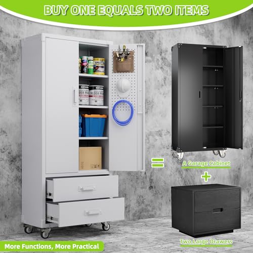 Aobabo 71" H×34" W×18" D Garage Metal Storage Cabinet with Wheels, Locking Steel Storage Cabinet with 5 Shelves and 4 Hooks, for Home Office, School, Assembly Required, Black Silver