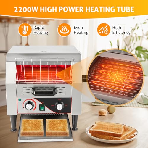 WICHEMI Commercial Toaster 300 Slices/Hour Conveyor Restaurant Toaster 2200W Electric Conveyor Toaster for Bun Bagel Bread Heavy Duty Stainless Steel Conveyor Toaster