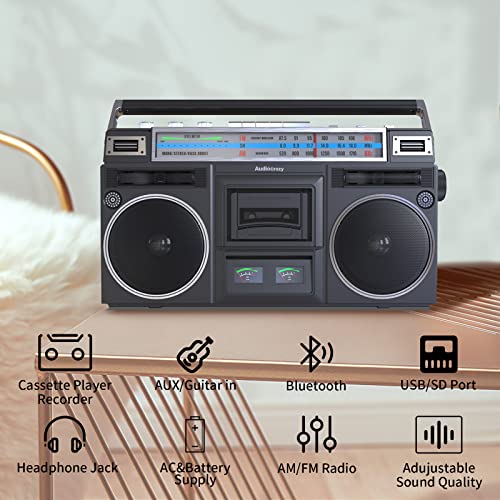 Audiocrazy Retro Boombox Cassette Player AM/FM Shortwave Radio, Portable Cassette Tape Player Recorder, Wireless Streaming, USB/Micro SD Slots Guitar/Aux in, Convert Cassettes to USB Classic 80s Style