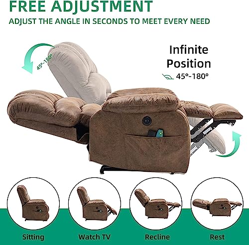 VIVIJASON Large Dual OKIN Motor Lay Flat Sleeper Lift Recliner Chair with Heat & Massage for Elderly, Infinite Position Electric Power Recliner with 2 Remote Controls, Side Pockets & USB Ports, Sand
