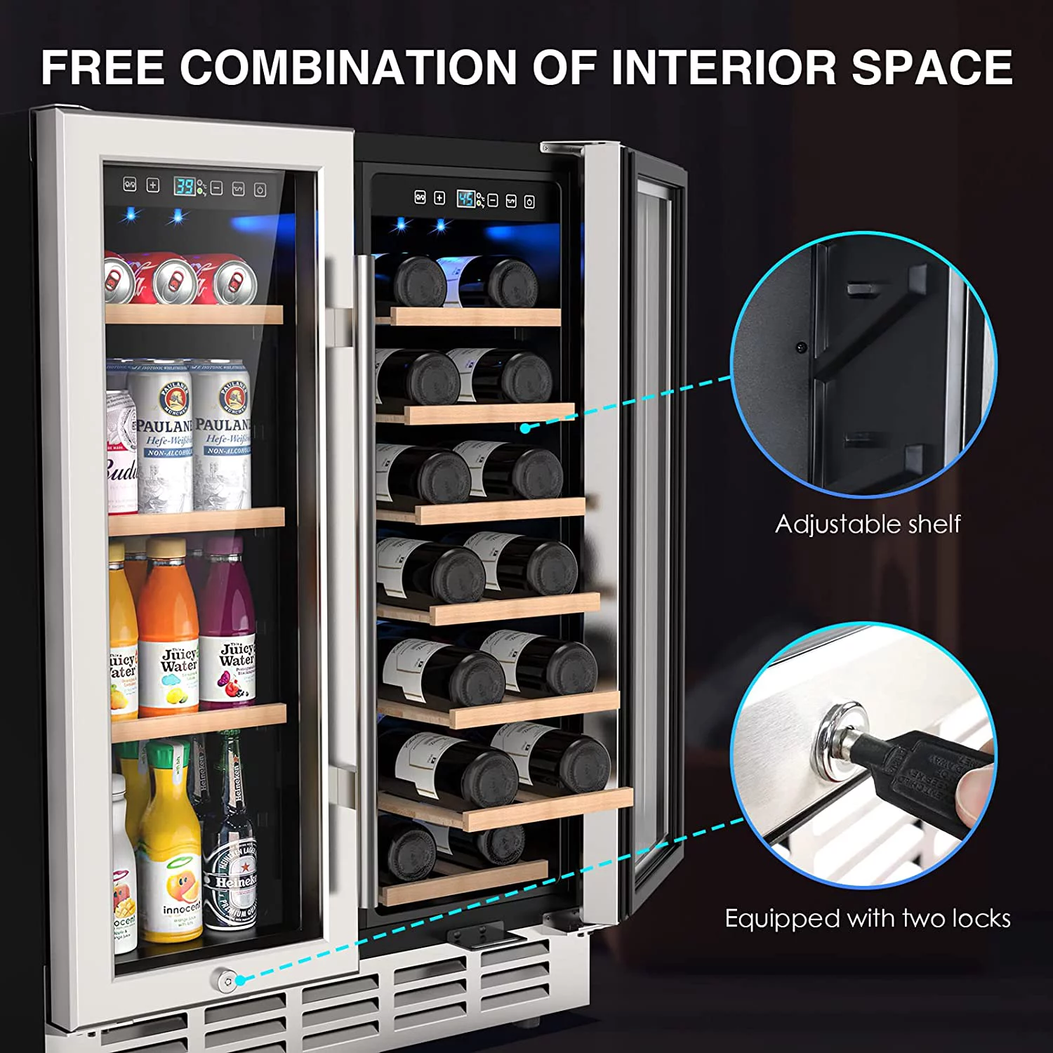 Rocita Dual Zone Wine Cooler Beverage Refrigerator, 24 inch Wine Coolers Fridge Side by Side Refrigerator Glass Fridge with Safety Locks for 20 Bottles and 57 Cans