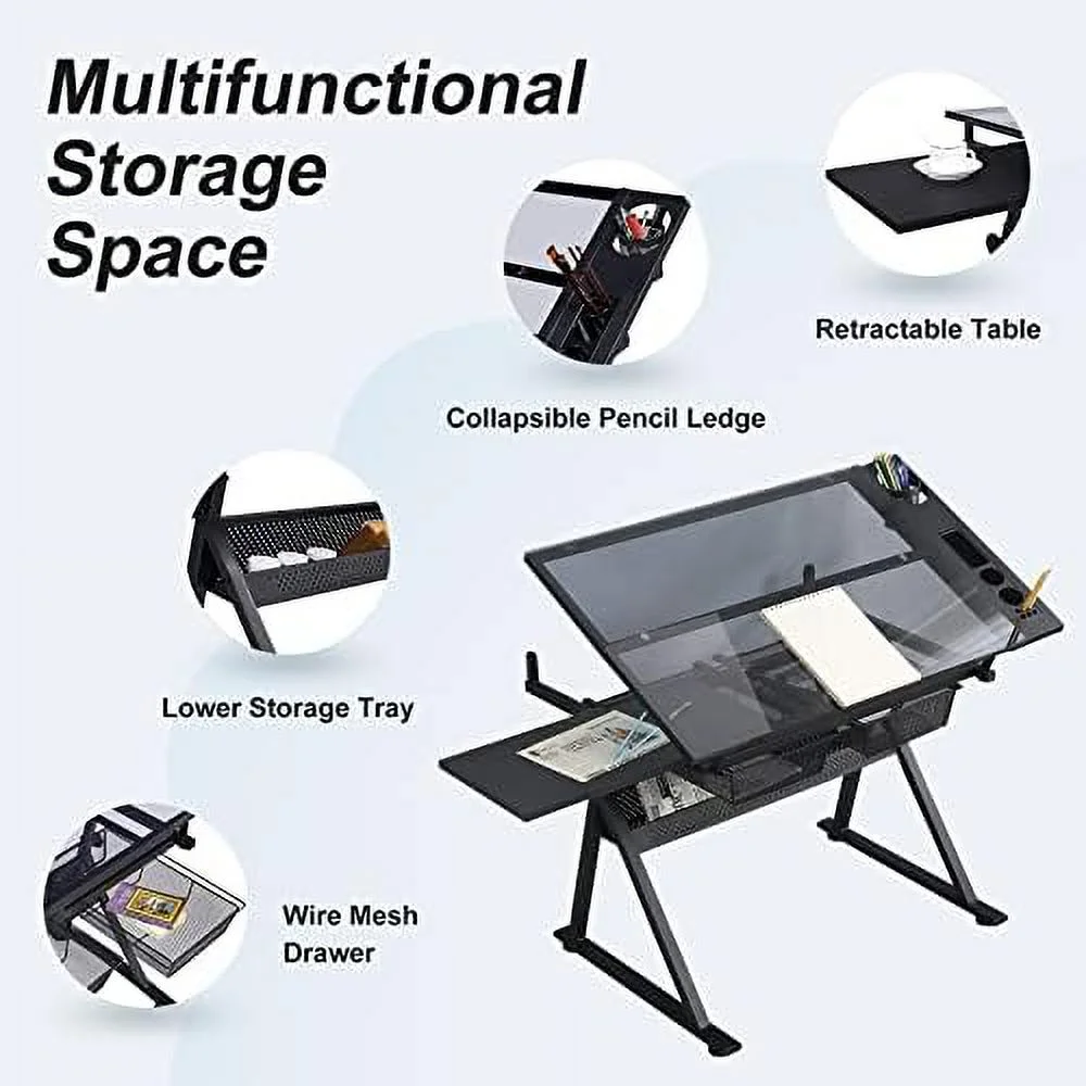 KBANZIBIU Height Adjustable Drafting Tables  Glass Drawing Art Table  Tilting Tabletop Paintings Work Station  Table Chair Chair-2  Drawer for Reading Writing Art Craft Work Station (Blac