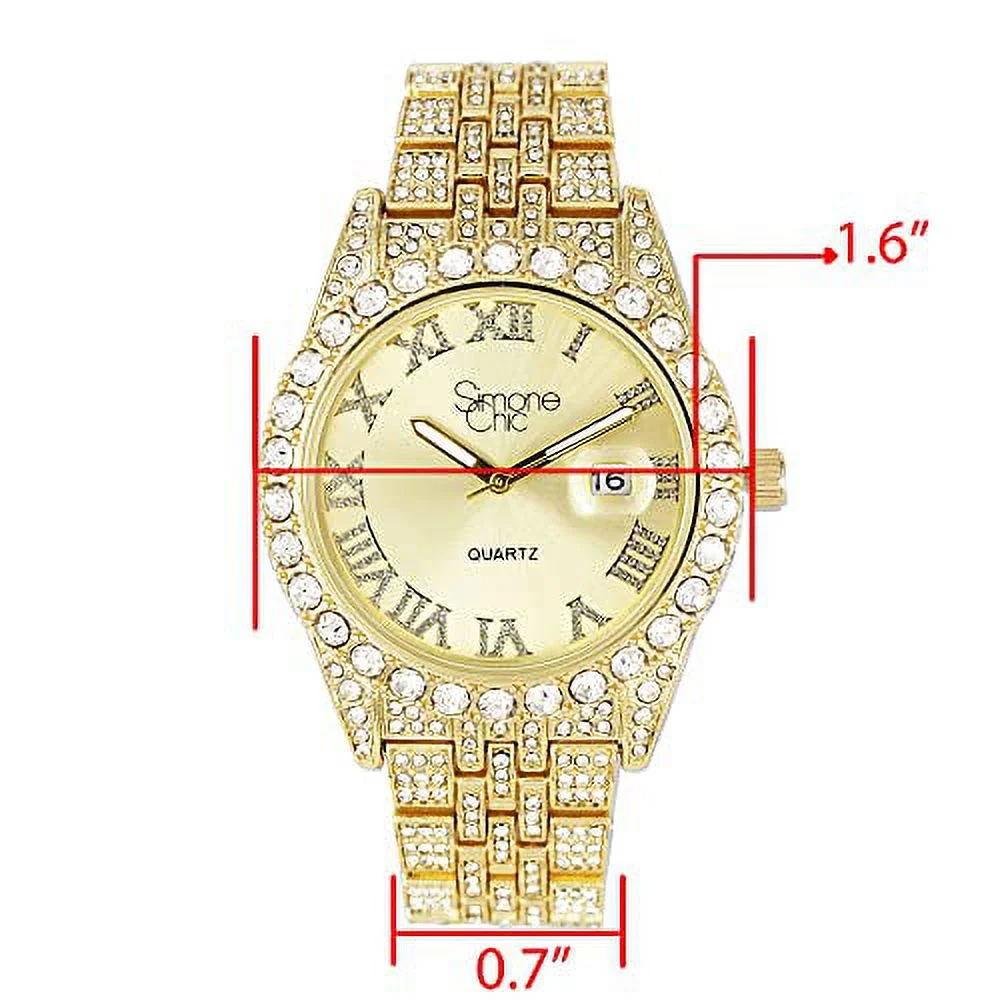 Simone Chic Fully Iced Out Diamond Watch for Women's w/Roman Numerals Easy Read Date and Colorful Dials- Designer Hip Hop Blinged Out Timepiece - ST10226RND-LA (ST10226RND-LA GLD)