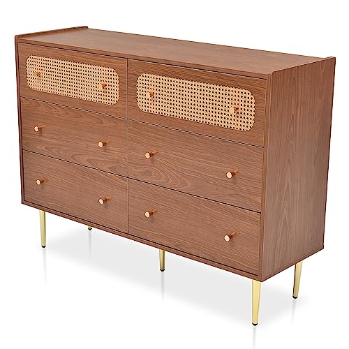 Dresser for Bedroom, Chest of Drawers, 6 Drawer Dresser, Floor Storage Drawer Cabinet for Home Office, Drawer Chest of Drawers Rattan Chest of Drawers Highboard with 6 Drawers (Natural Cherry)