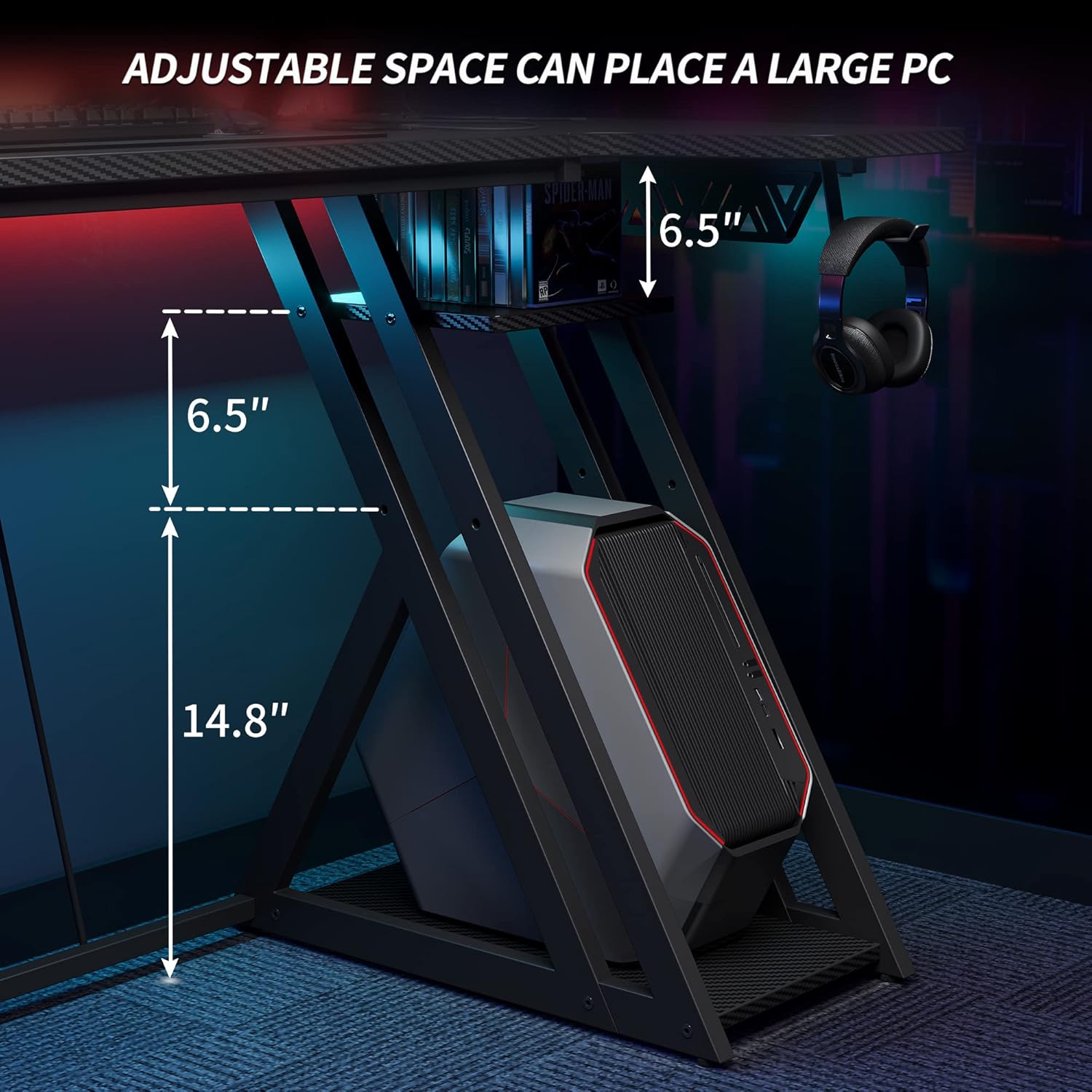 CubiCubi Aurora Gaming Desk with LED Lights & Power Outlets, 40 Inch L Shaped Carbon Fiber Surface Desk with Storage Shelves, Small Corner Computer Desk with Monitor Shelf, Gamer Desk PC Table, Black