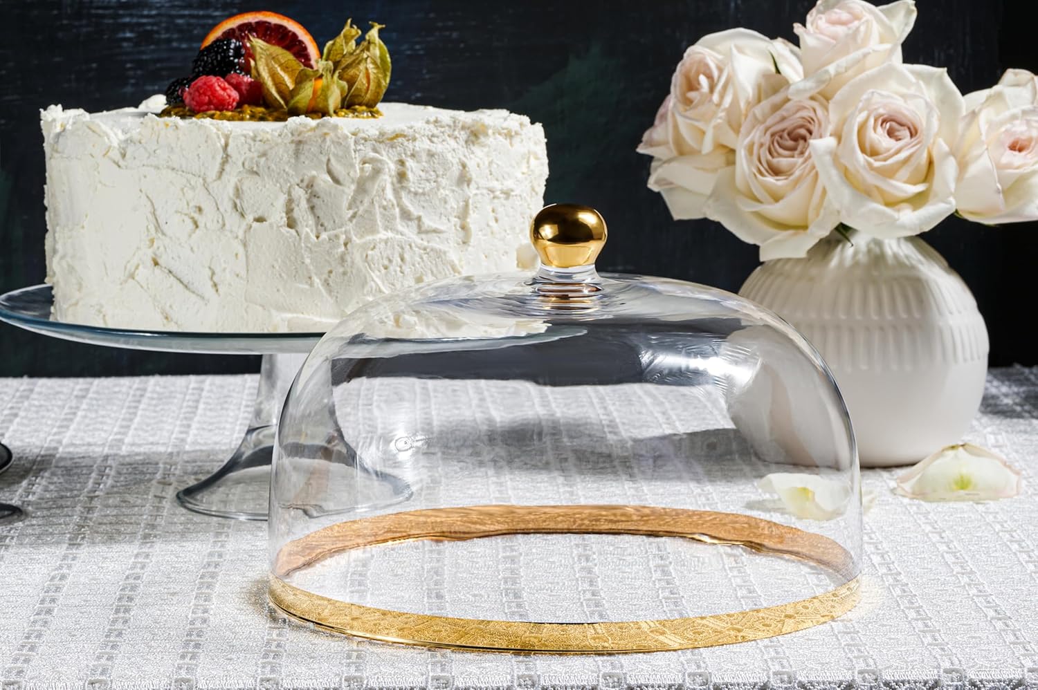 Glass - Cake Stand - and - Dome - with - Gold Rim - and - Gold Knob - for - Cake - Fruit - Cheese - 11.75" Diameter - Made in Europe - by Barski