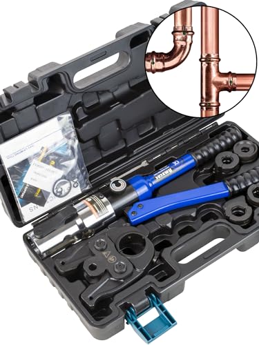 AMZCNC Copper Tube Fittings Pipe Crimping Tool with 1/2 inch,3/4 inch and 1 inch Jaw Copper Pipe Press Crimpers Pressing Pliers,Suit for Narrow Space and Tee Fitting，Hydraulic drive