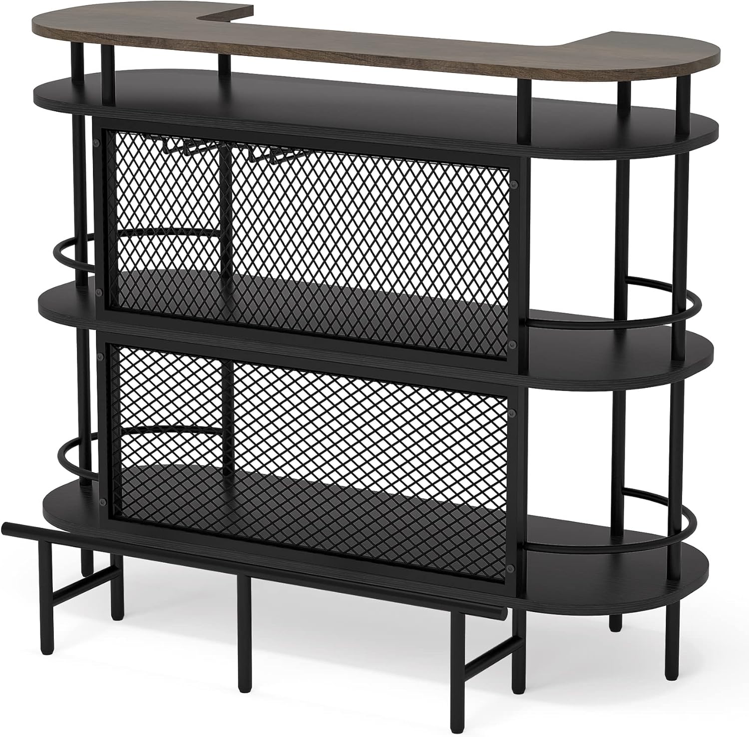 4 Tier Bar Cabinet Bar Unit for Liquor with Storage Shelves, Foot Rail and Wine Glasses Holder for Home/Kitchen/Bar/Pub, Black and Walnut