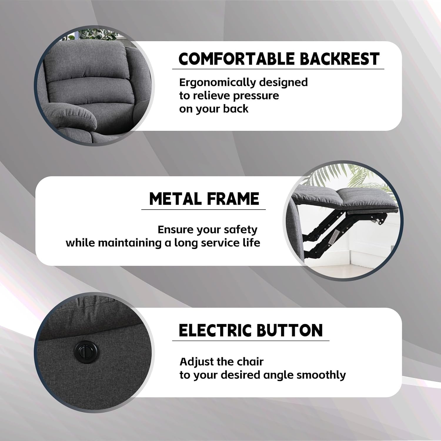 Power Recliner Chair, Soft Fabric Electric Reclining Chair with Overstuffed Back and Arm, Classic Single Sofa Recliner Chair for Living Room, Bedroom, Home Theater (Grey)