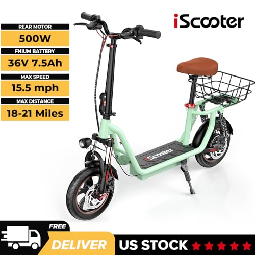 iScooter Electric Scooter with Seat, 37/21 Miles Long Range & 28/19/15.6 MPH Top Speed, 14"/12"/10" Pneumatic Tire, Height Adjustable Seat & Handlebar, Dual Suspensions Commuting Scooter with Basket