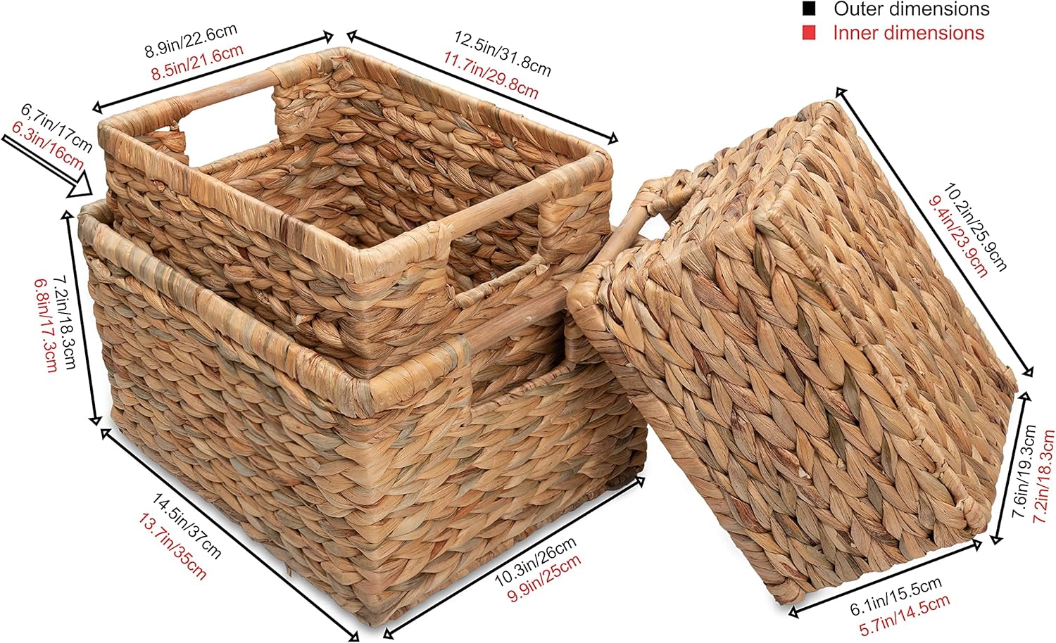 VATIMA Large Wicker Basket Rectangular with Wooden Handles for Shelves, Water Hyacinth Basket Storage, Natural Baskets for Organizing, Wicker Baskets for Storage 14.5 x 10.3 x 7.2 inches