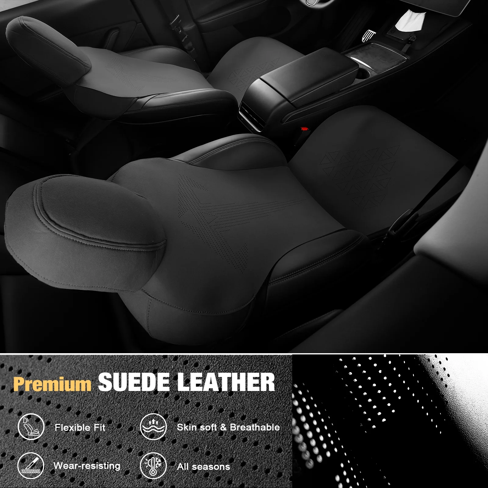 Ikon Motorsports Seat Cover Cushions Compatible With 2017-2023 Tesla Model 3, V1 Style Black Suede Leather 1st 2nd Row 5-Seat Seat Cover Cushion Protectors