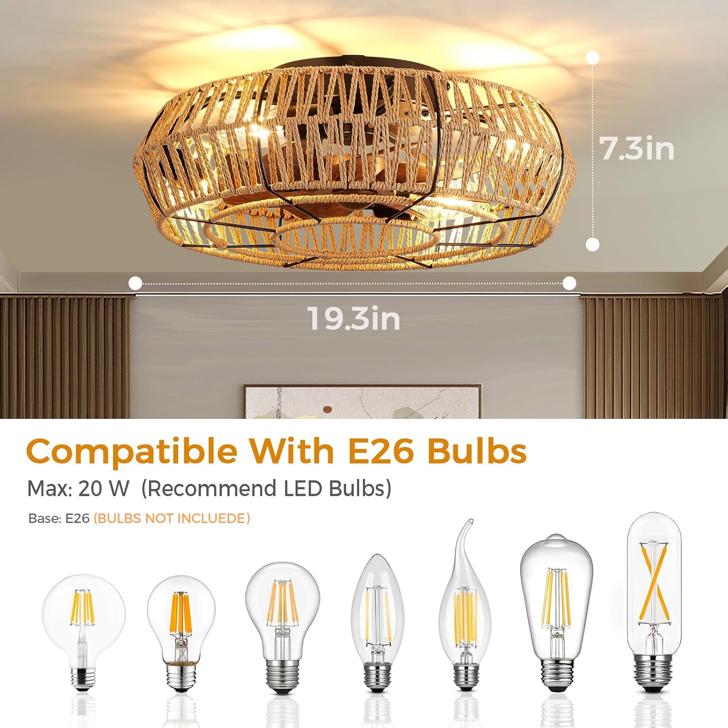 Boho Ceiling Fan with Lights - 20 Inch Flush Mount Ceiling Fan with Light and Remote/APP Low Profile Ceiling Light Enclosed Rattan Caged Ceiling Fan for Bedroom Living Room Farmhouse Indoor