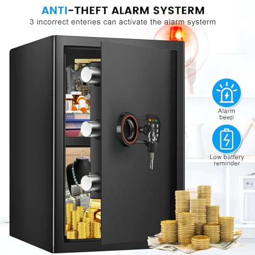 2.8 Cub Large Home Safe Fireproof Waterproof, Steel Home Security Safe Box with Electronic Keypad, Spare Keys and Alarm System, Fireproof Safe for Home Document Money Valuables