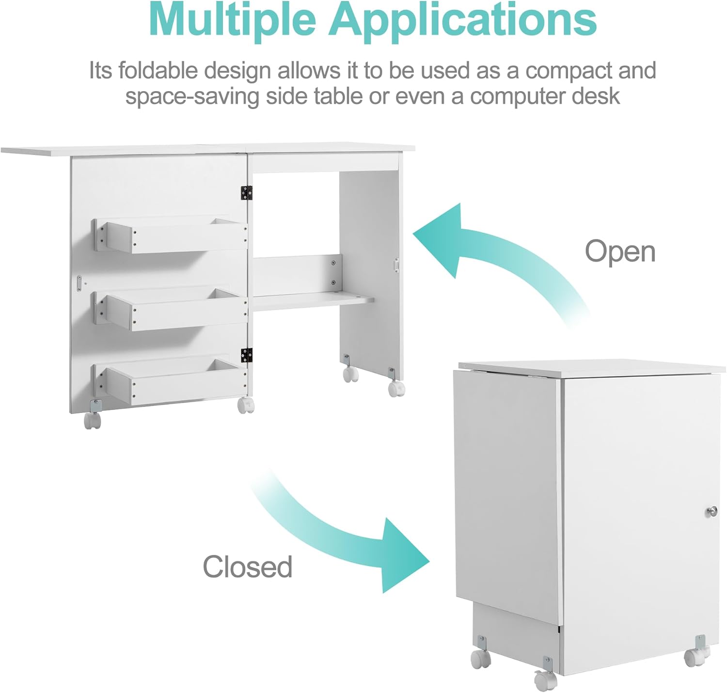 Folding Sewing Table Multipurpose Craft Station Desk Rolling Sewing Cabinet with 3 Storage Shelves Sewing Machine Cart with Lockable Casters (White)