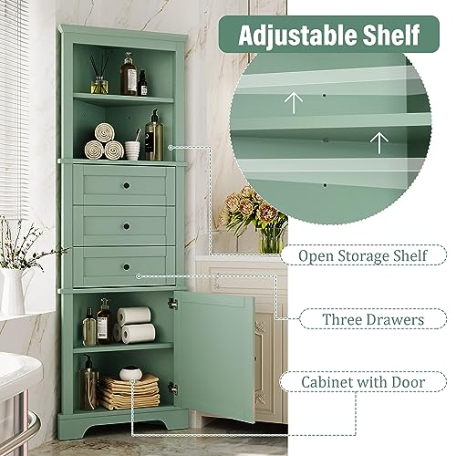 Triangle Tall Corner Cabinet Drawers and Adjustable Shelves Tall Hutch Corner Bar Cabinet with Door for Kitchen Green