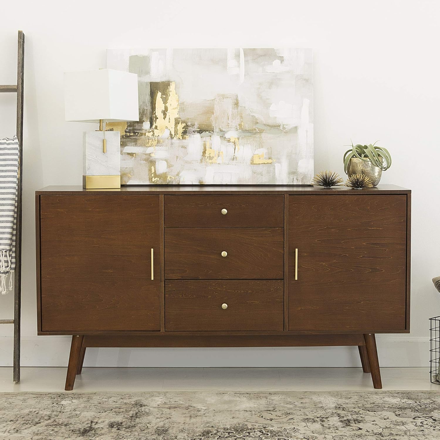 Walker Edison Mid Century Modern-TV Stand Console with 3 Drawers and Closed Cabinet Storage, 60, Walnut