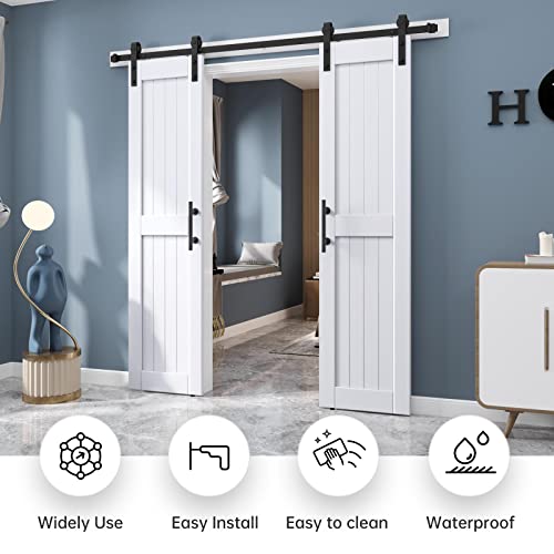 EaseLife 54 x 84 inch White Barn Door with 9FT Sliding Door Hardware Kit Included & Handle,Solid Wood Covered with Waterproof PVC Surface,DIY Assemblely,Easy Install,H-Frame,Fit 50-52in Wide Opening