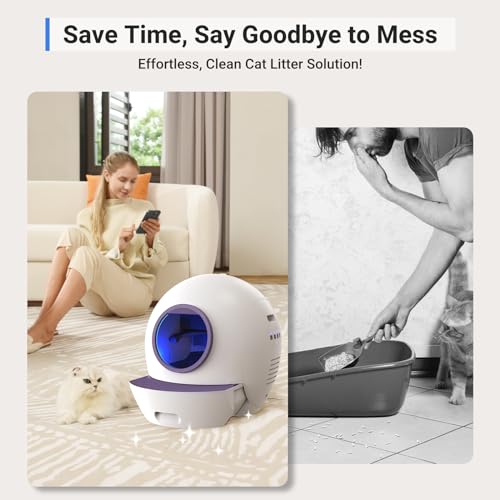 ELS PET Self Cleaning Litter Box for Multiple Cats with 2 Pack Litter, Automatic Cat Litter Box Self Cleaning 60L Large Box, Spaceship Self Cleaning Cat Litter Box App Control & Odor-Free White