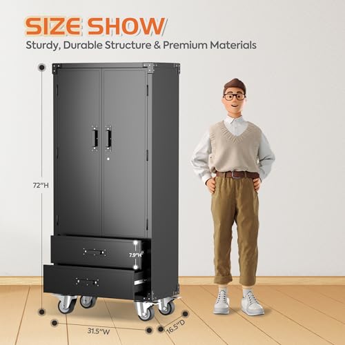 73" H Metal Storage Cabinet with Wheels, Garage Storage Cabinet with 4 Adjustable Shelves and Lockable Doors for Garage Home Office Utility Room,Required Assembly,Black