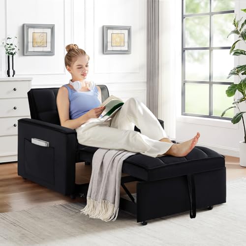 Sleeper Chair Bed,3 in 1 Convertible Sleeper Sofa,Velvet Tufted Upholstered Single Sofa Bed with Adjustable Backrest,Pull Out Recliner Lounger Bed for Living Room,Office,Apartment,Small Space(Grey)
