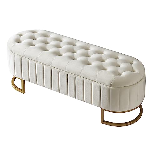 SOFTSEA 2-Pieces Full Bedroom Sets, 2 Pieces Furniture Bedroom Sets Include Full Size Upholstered LED Platform Bed and Storage Ottoman-Velvet, Beige
