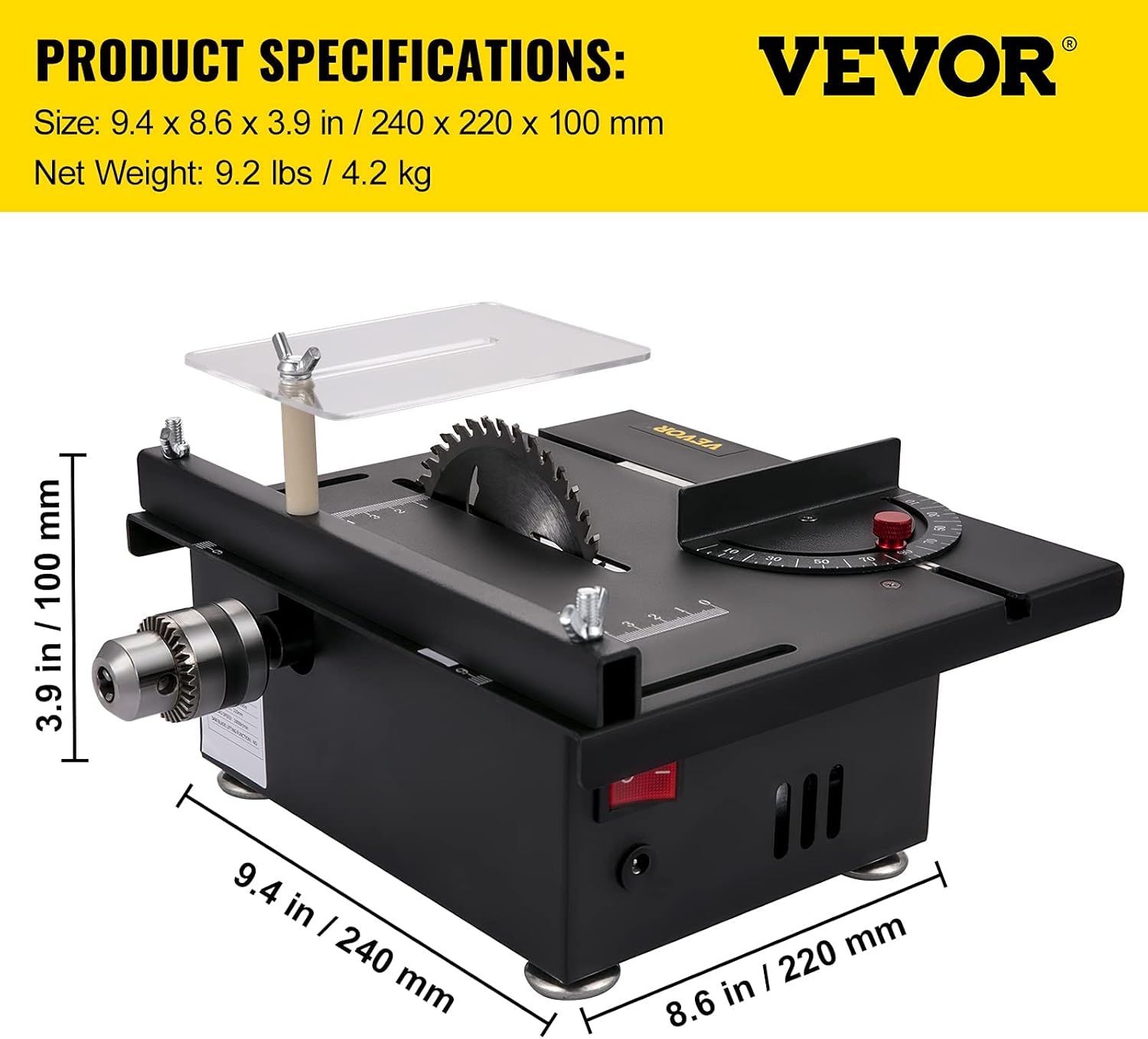 VEVOR Mini Table Saw, 96W Hobby Table Saw for Woodworking, 0-90 Angle Cutting Portable DIY Saw, 7-Level Speed Adjustable Multifunctional Table Saws, 1.3in Cutting Depth Mini Precision Table Saw Item