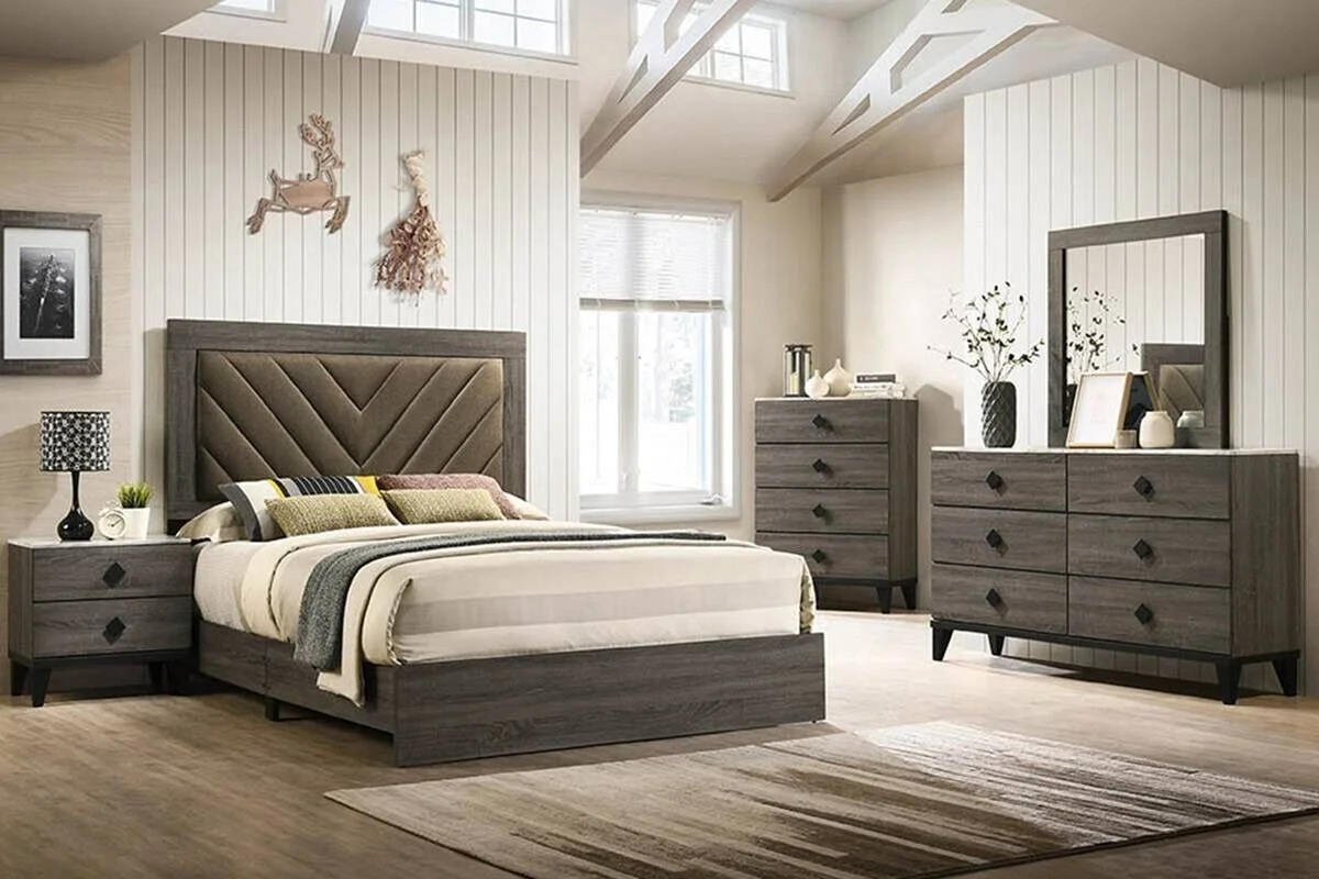 Queen Size Bed And 2x Nightstands Gray Finish Transitional Style Wooden Bedroom Tufted Headboard Bedframe 3pc Furniture Set