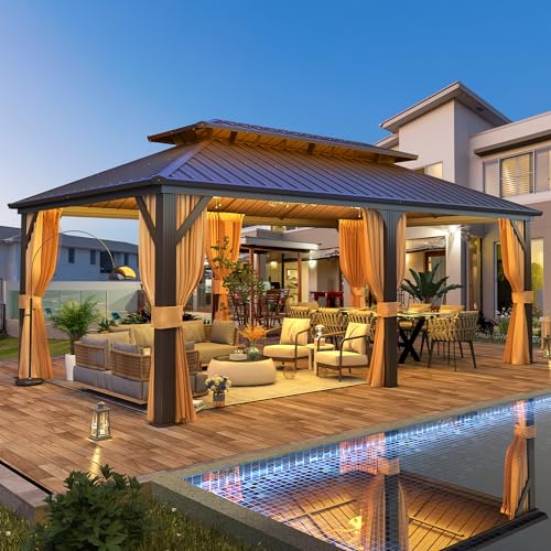 EROMMY 14'x20' Hardtop Gazebo Double Roof Galvanized Steel Canopy Outdoor Aluminum Frame Permanent Metal Pavilion with Netting and Curtains for Patio Backyard Deck and Lawns