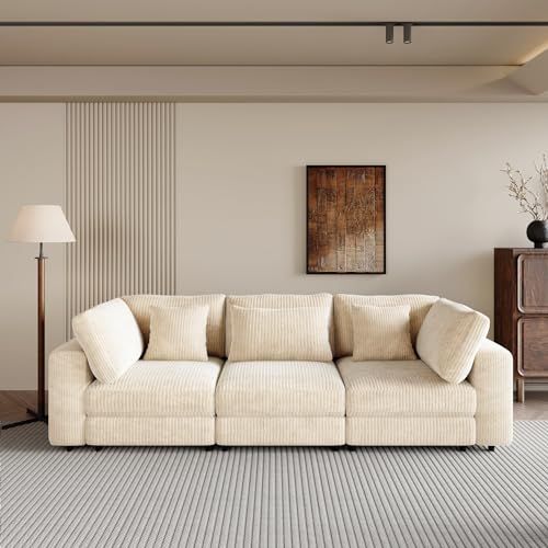 Oversized 3 Seater Sofa Couch, 105'' Modern Upholstered Couch with Removable Back Cushions and 5 Pillows, Comfy Corduroy Fabric Deep Seat Sofa for Living Room, Office, Apartment (Gray)