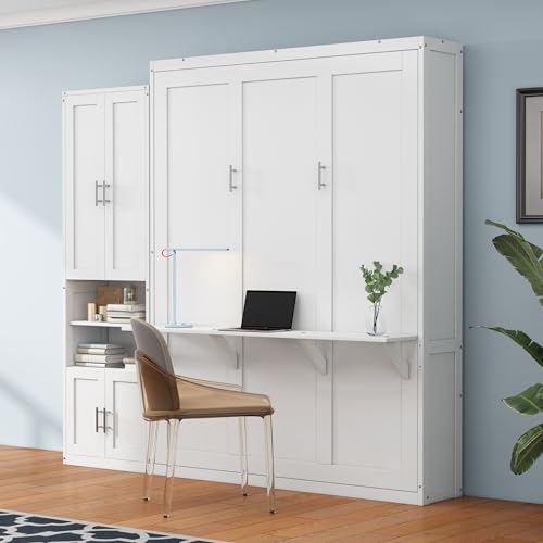 MERITLINE Queen Murphy Bed with Storage Cabinet，Bookcase，Shelves and Charging Station,Wood Folding White Murphy Wall Bed Cabinet for Adults