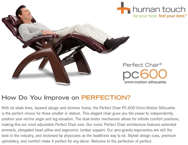 Human Touch PC-600 Omni Motion Silhouette Perfect Chair Series 2 Power Recline Walnut Wood Base Zero-Gravity Recliner - Black Top-Grain Leather